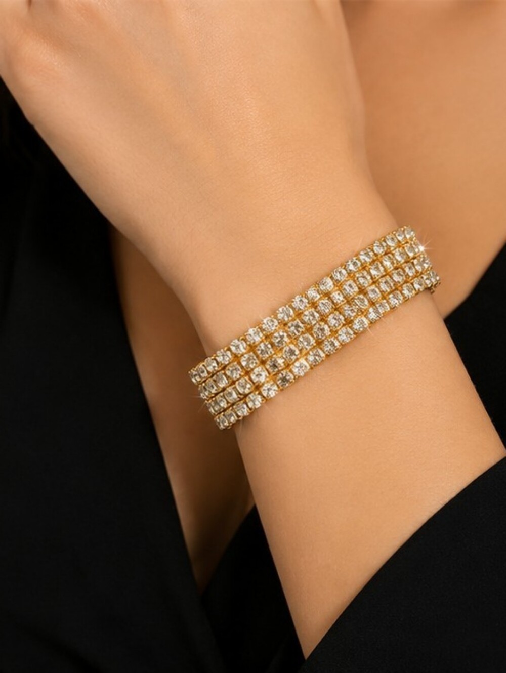 18K Gold Over Stainless Steel 5 Row Rhinestone Tennis Bracelet 7.5" Wide Crystal